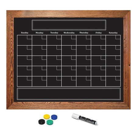 BETTER OFFICE PRODUCTS Magnetic Wall Chalkboard Monthly Calendar, Rustic Wood Frame, 24in. x 30in. W/Chalk Marker & Magnets 00830